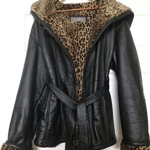 Wilson leather mid length coat faux fur
